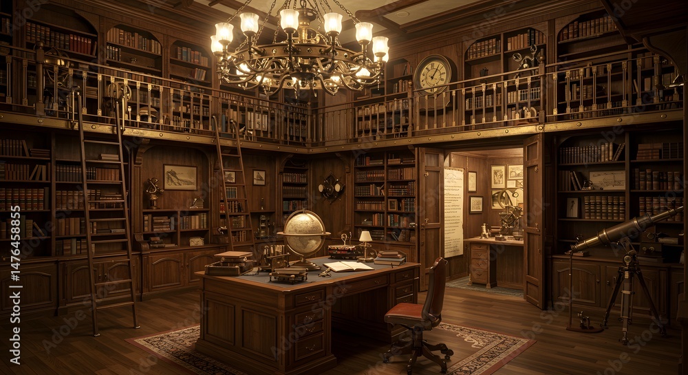 An intricate mechanical globe on a polished oak desk, surrounded by aged leather-bound books.