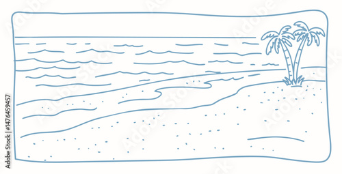 Simple Hand Drawn Doodle Style Illustration of Beach Scene with Coconut Palm Tree, Sea Waves and Sand – Minimal Summer Tropical Sketch