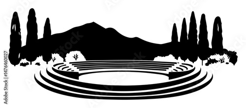 amphitheater with mountains and trees in background