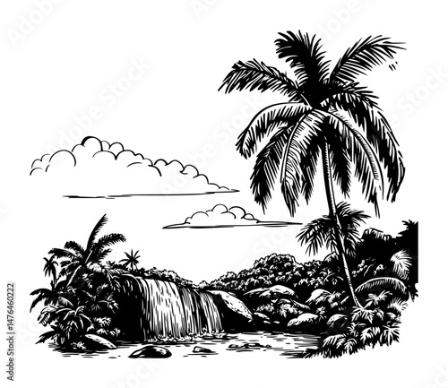 tropical landscape with palm trees and waterfall