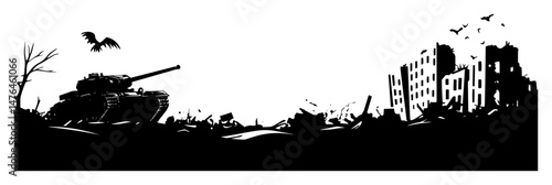 tank in destroyed city with ruins and debris