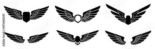 set of winged emblems and shield icons silhouette vector shape