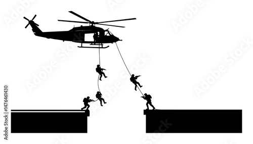 helicopter rope rescue operation with soldiers silhouette vector shape