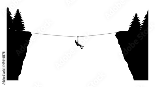 person ziplining between two cliffs in forest vector silhouette laser cutting engraving