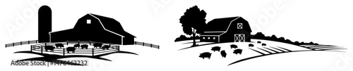 farm with barn silo and pasture landscape vector silhouette laser cutting engraving