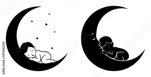 children sleeping and yawning on crescent moon vector silhouette laser cutting engraving