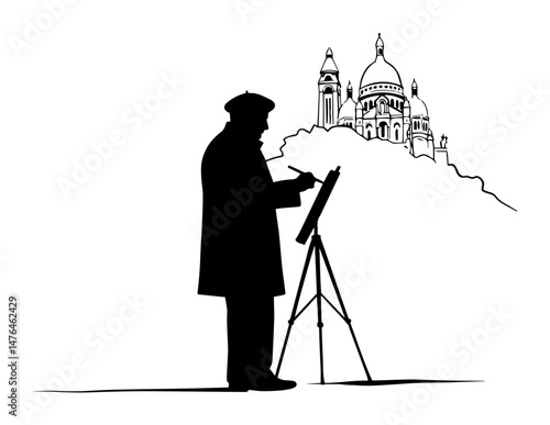 street artist painting paris basilica scene vector silhouette laser cutting engraving