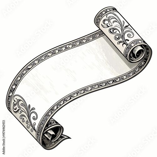 Design a bold, vector illustration of a curved scroll banner with a thick, prominent stroke.  The scroll should be elegant and smoothly curved.
