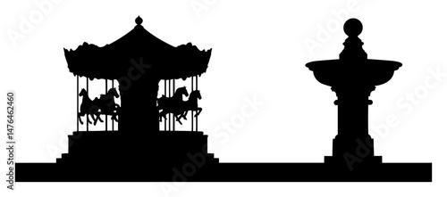 carousel and fountain in amusement park scene vector silhouette laser cutting engraving