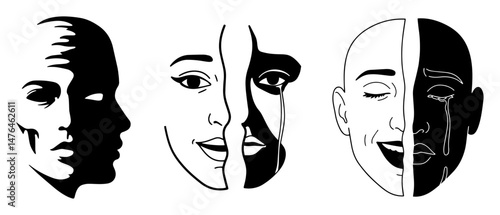 split face expressions concept in human psychology vector silhouette laser cutting engraving