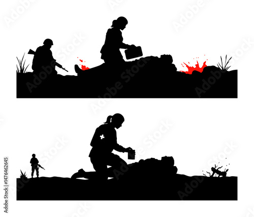 medic soldier helping wounded on battlefield vector silhouette laser cutting engraving