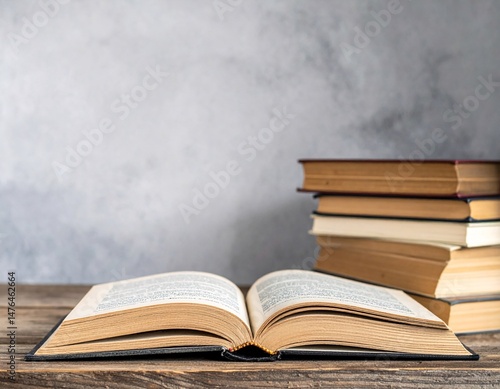 Open book on old wooden table in the library