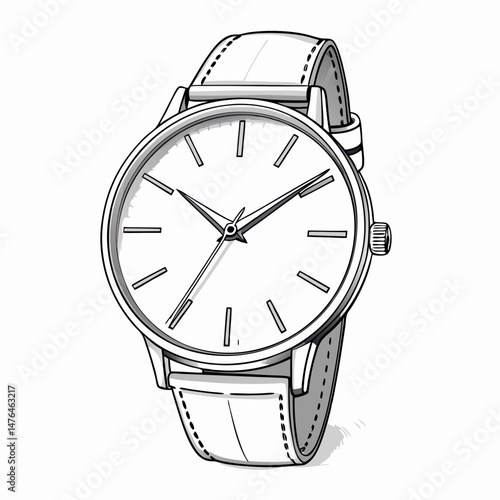 Create a vector illustration of a bold-stroke designer wristwatch, emphasizing intricate details and a luxurious feel.  Include metallic highlights.
