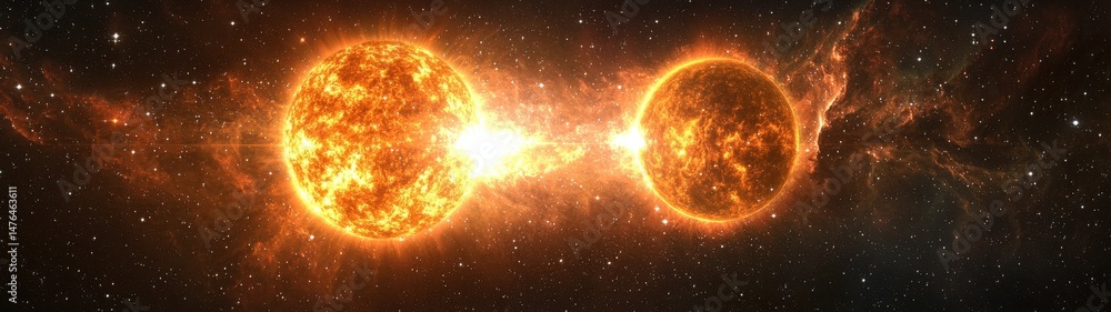 Obraz premium Two blazing suns, emanating cosmic light, dominate the dark, star-filled expanse of space.
