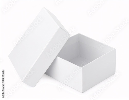 Open and closed white realistic cardboard box with paper and a sticker on a light background.