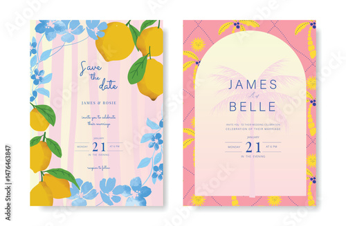 Indigo Italy summer invitation card vector. Italian poster with lemon, coconut tree pattern, summer element. Design for wedding card, greeting card, bridal shower, cover.