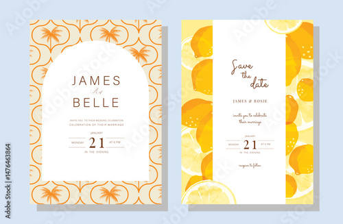 Orange Italy summer invitation card vector. Italian poster with lemon, coconut tree pattern, summer element. Design for wedding card, greeting card, bridal shower, cover.
