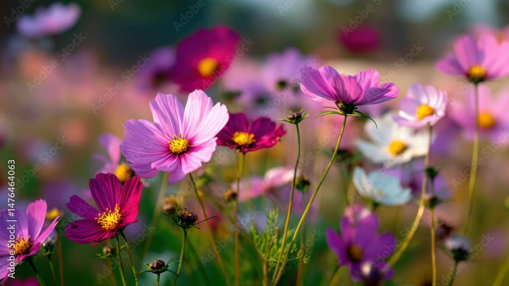 Cosmos flower field displays colorful petals in a peaceful summer garden Cosmos flower field displays colorful petals in a peaceful summer garden