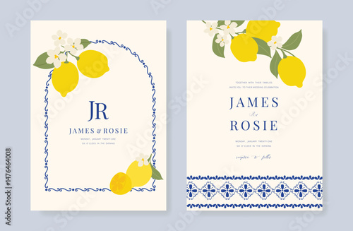 Indigo Italy summer invitation card vector. Italian poster with lemon, Blue Mediterranean tiles pattern, summer element. Design for wedding card, greeting card, bridal shower, cover.