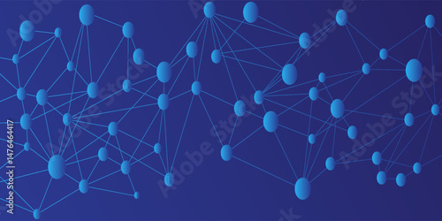 Blue and white Abstract polygonal space low poly network nodes with connected dots and lines on dark blur blue tone background. Concept for digital technology, telecom, big data, ai, block chain.