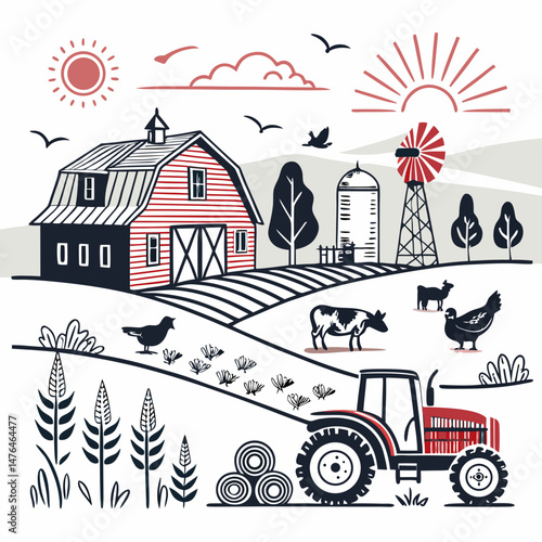 Create a bold, vector illustration of a vibrant farm scene featuring a rustic bar, showcasing detailed farm animals and lush vegetation.