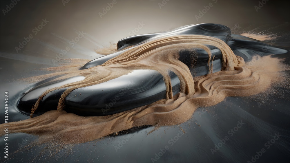 Naklejka premium Abstract Sand Flowing Over Smooth Black Surface Texture Background