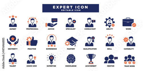 Expert icon set. Containing competence, expertise, knowledge, skill, specialist, experience and more. vector icons collection.