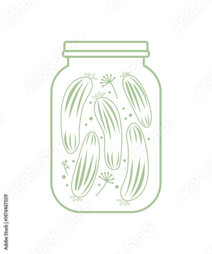 Pickled cucumbers in a jar, line art.