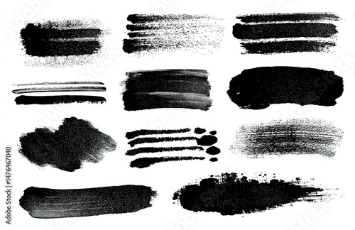 Vector black paint brush spots, highlighter lines or felt-tip pen marker horizontal blobs. Marker pen or brushstrokes and dashes. Ink smudge abstract shape stains and smear set with texture. High qual