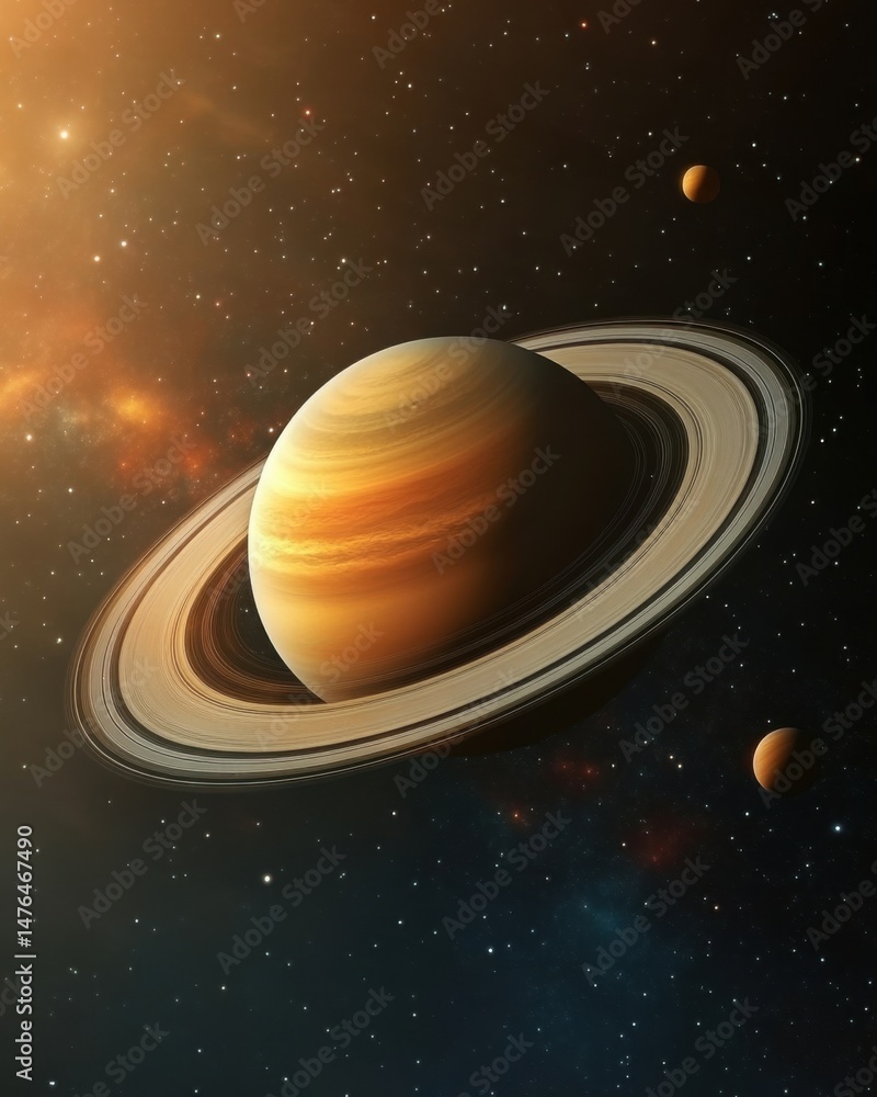 Fototapeta premium Saturn planet with rings and moons in deep space cosmic landscape view from orbit showing gas giant