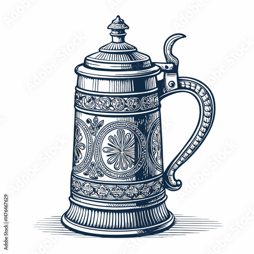 Create a bold, vector illustration of a classic German beer stein with a thick, clearly defined stroke.  Include a handle and lid detail.