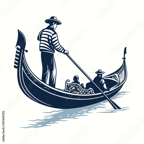 Create a bold, vector illustration of a Venetian gondola, emphasizing strong black strokes and details.  Include the water and a hint of Venetian architecture.
