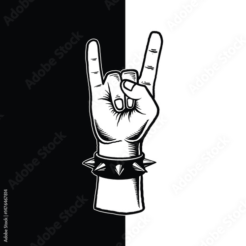 Rock Hand Sign with Spiked Wristband, Vintage Heavy Metal Line Art Illustration