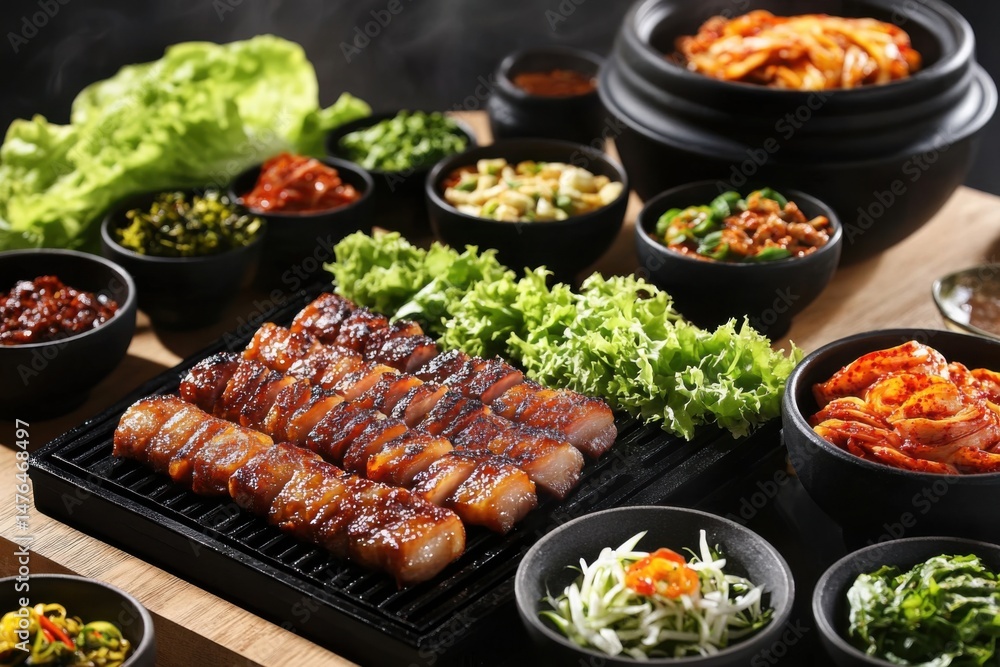 Korean BBQ Feast Close-Up: Grilled Pork Belly Slices with Kimchi and Fresh Lettuce Wraps on Wooden Table Korean BBQ Feast Close-Up: Grilled Pork Belly Slices with Kimchi and Fresh Lettuce Wraps on Wooden Table