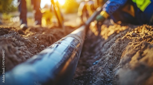 Detailed close-up view of construction worker installing underground pipeline in trench with yellow safety vest du daylight, emphasizing industrial pipeline installation process