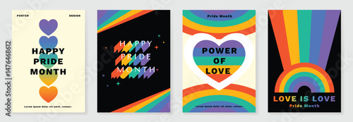 Happy Pride month poster background vector set. LGBTQ community symbol with rainbow, pride flag, heart. Design for celebration, bisexual, transgender, gender equality, rights, ads.