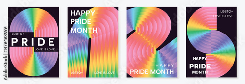 Happy Pride month poster background vector set. LGBTQ community symbol with rainbow, pride flag gradient. Design for celebration, bisexual, transgender, gender equality, rights, ads.
