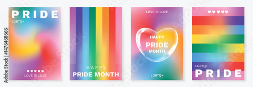 Happy Pride month poster background vector set. LGBTQ community symbol with rainbow, pride flag, heart. Design for celebration, bisexual, transgender, gender equality, rights, ads.