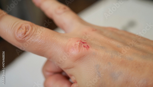 Scratch from thorn on finger showing injury on hand  