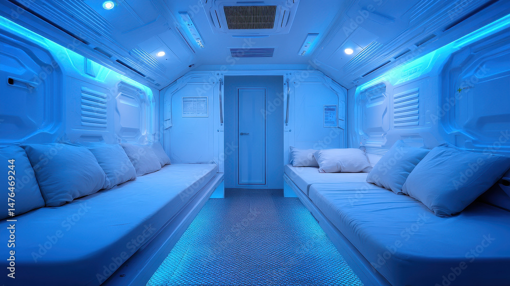 Obraz premium Futuristic medical pod filled with calm blue light emphasizing tranquility and silence