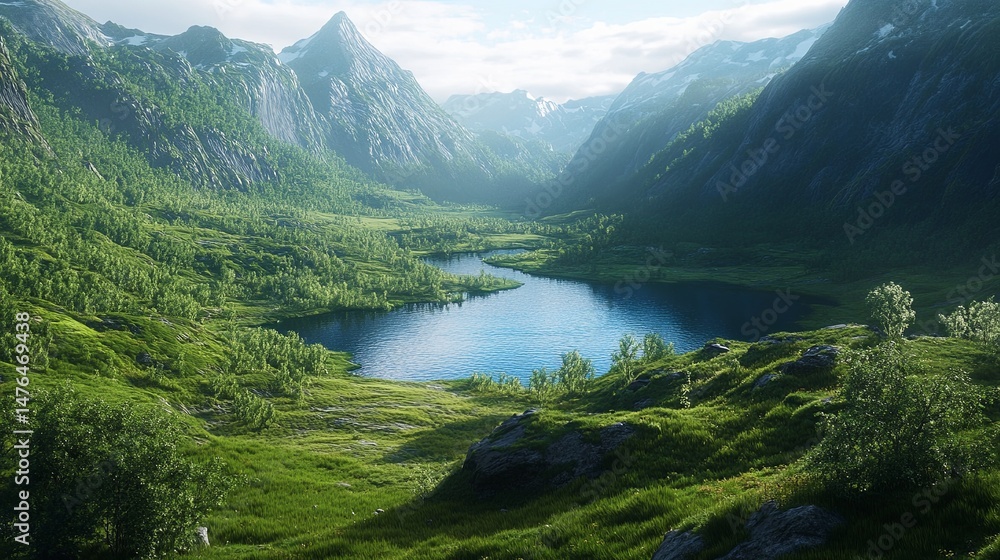 Fototapeta premium Lush green valley with a clear blue glacier-fed lake.