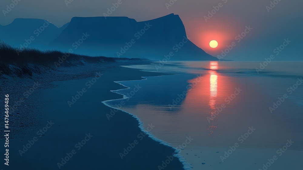 Fototapeta premium Serene sunset over a tranquil beach and reflecting mountains.