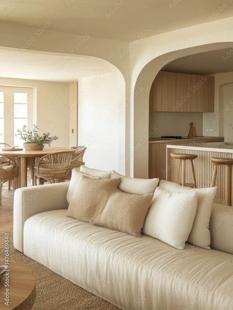 Fototapeta premium Interior of modern living room with sofa and kitchen in neutral tones daytime eye level