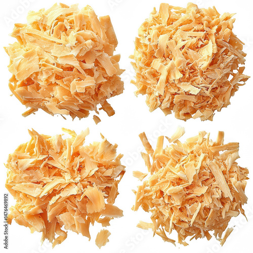 Four Piles of Light Orange Wood Shavings Isolated on Transparent Background for Crafting and Woodworking Projects