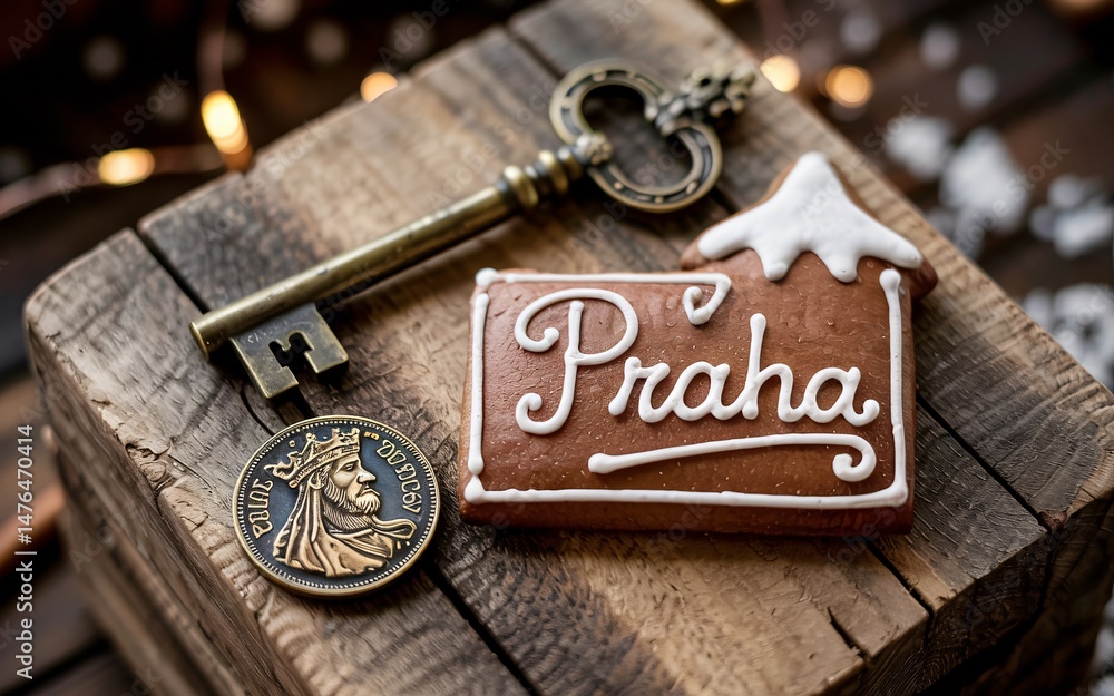 Fototapeta premium winter, Prague, Czech Republic, Prague gingerbread house key wooden box