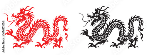 Traditional Red Chinese Dragon Silhouette with Zodiac Symbol and Crawling Details – Celebrating Lunar New Year in Asian Culture. Vector illustration eps file.