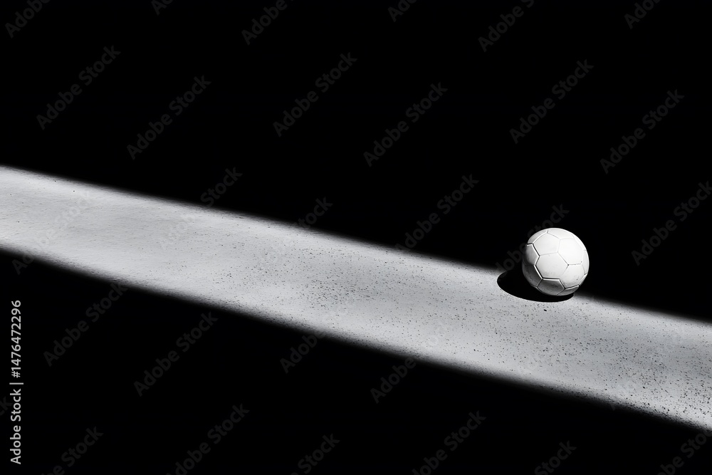 A lone white soccer ball sits on a textured surface illuminated by a strong beam of light. A lone white soccer ball sits on a textured surface illuminated by a strong beam of light.