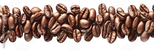 Roasted coffee beans arranged in a horizontal line