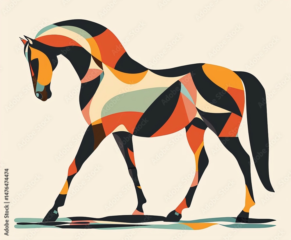 Obraz premium A stylized horse in profile stands on a flat surface, depicted with abstract shapes and bold colors against a simple white background.