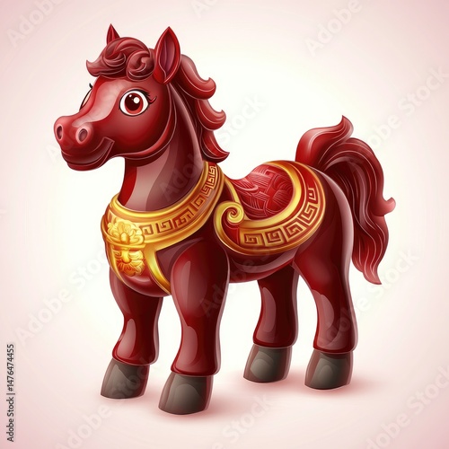 Cute, stylized, red horse with gold accents.  Ornate saddle and mane.  3D illustration